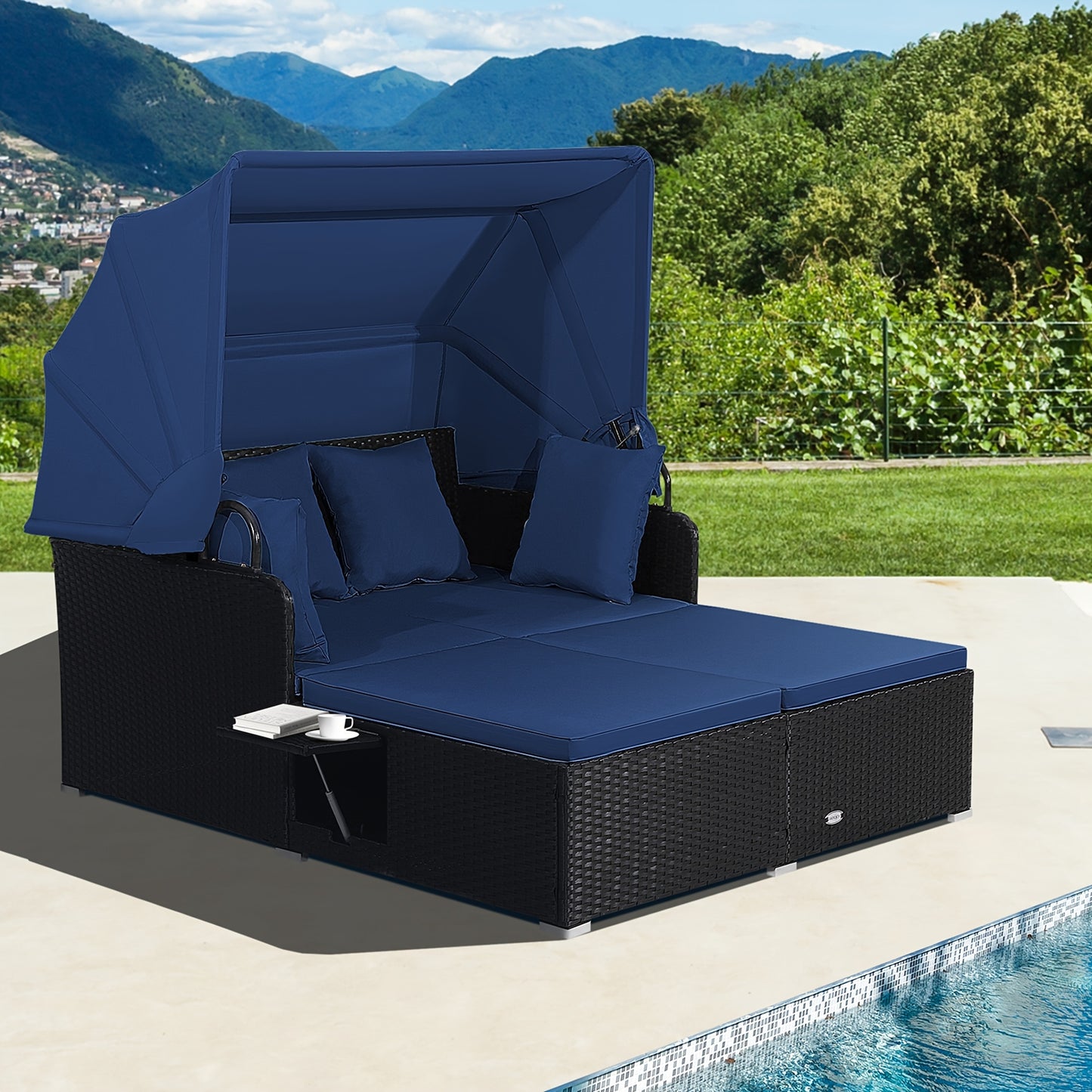 Outdoor Wicker Daybed with Retractable Canopy Side Tables Cushions PE Rattan Patio Lounge Bed Sun Lounger for Backyard Garden Pool
