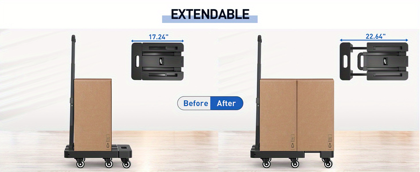 Folding Hand Truck Dolly 500LB Heavy Duty, Collapsible Luggage Cart with 6 Wheels & 2 Elastic Straps for Moving, Travel, Shopping, Office & Warehouse