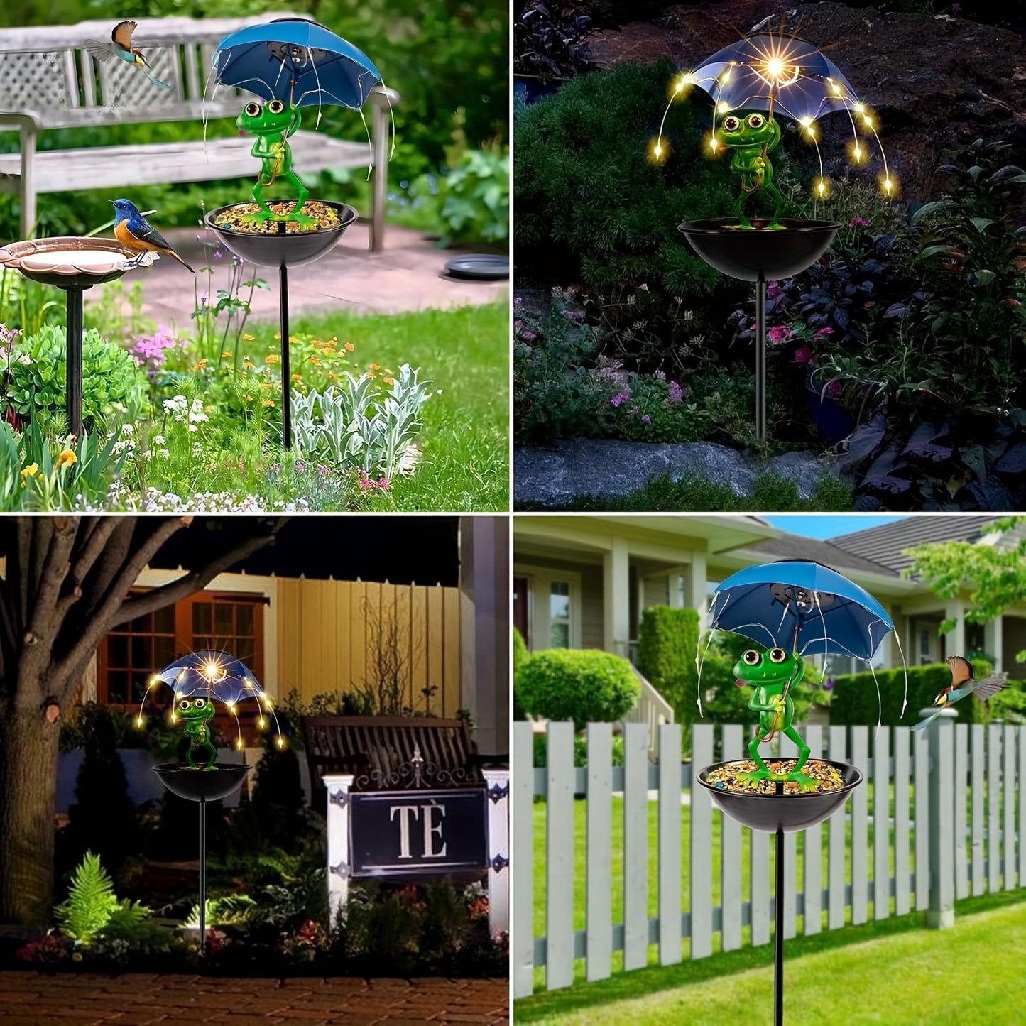 Solar Frog Statue Garden Light with Bird Feeder & LED String Decor