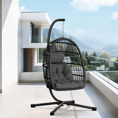 Outdoor Egg Chair with Stand Rattan Wicker Hanging Swing Hammock Chair Thickened Aluminum Frame UV-Resistant Cushion 350LBS Capacity Patio Balcony Deck Lawn Seat