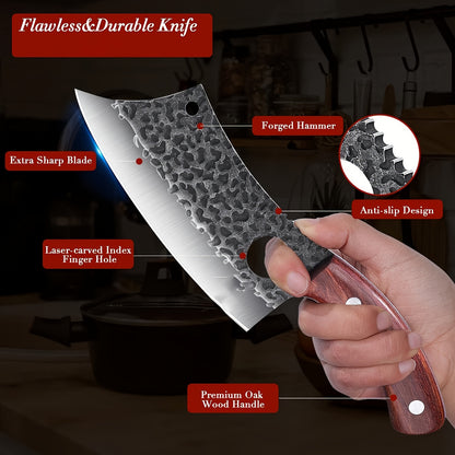 Chef Knife Hand Forged | High-Carbon Steel Viking Cleaver Full Tang Oak Handle with Sheath | BBQ Camping Meat Cutting Kitchen Knife Gift for Men Women