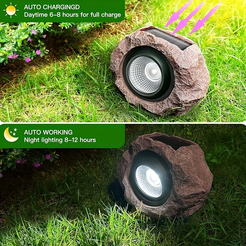Solar Rock Lights Outdoor Set of 2 IP44 Waterproof LED Warm White Fake Stone Garden Lights Auto Sensor for Lawn Pathway Park Villa Wedding Decor
