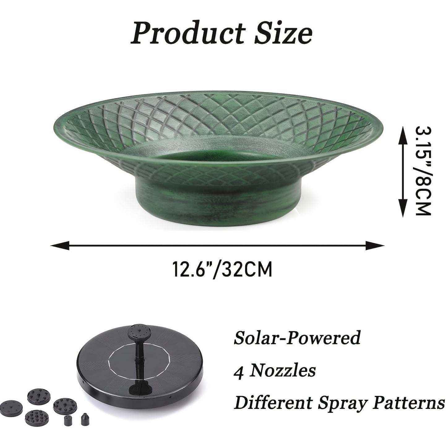 Bird Bath Solar Fountain 12.6" Green Metal Bowl Garden