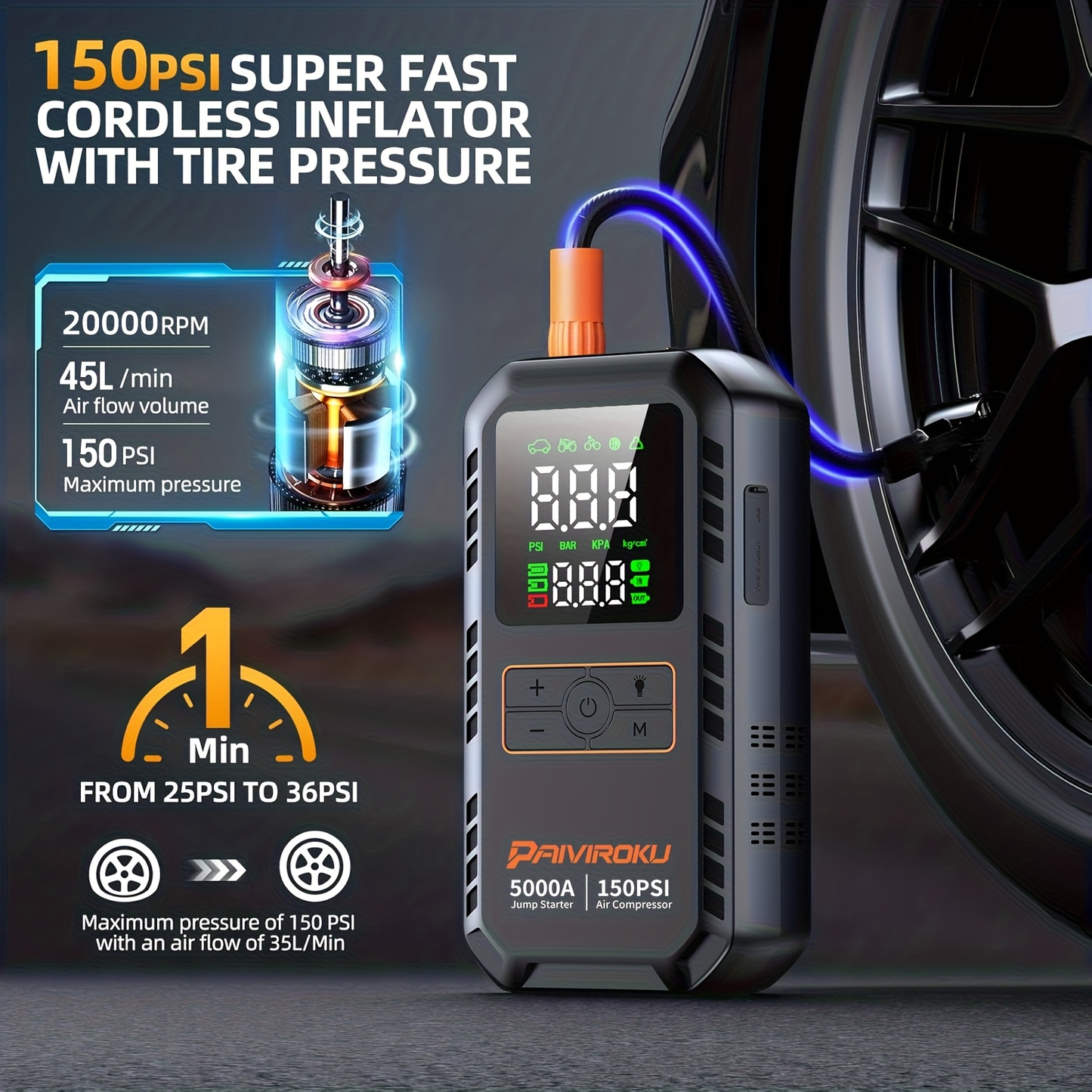 Portable Jump Starter 5000A 7-in-1 with Air Compressor 150PSI, Battery Booster for Car 7.0L Gas/6.0L Diesel, QC3.0 Power Bank, LCD Display & LED Emergency Light