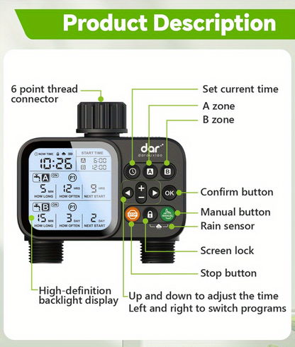 2 Zone Sprinkler Timer Garden Hose Water Timer with Rain Delay Programmable Faucet Controller