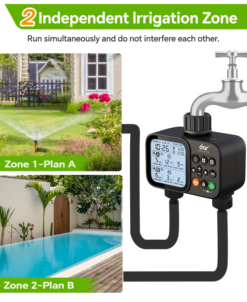 2 Zone Sprinkler Timer Garden Hose Water Timer with Rain Delay Programmable Faucet Controller