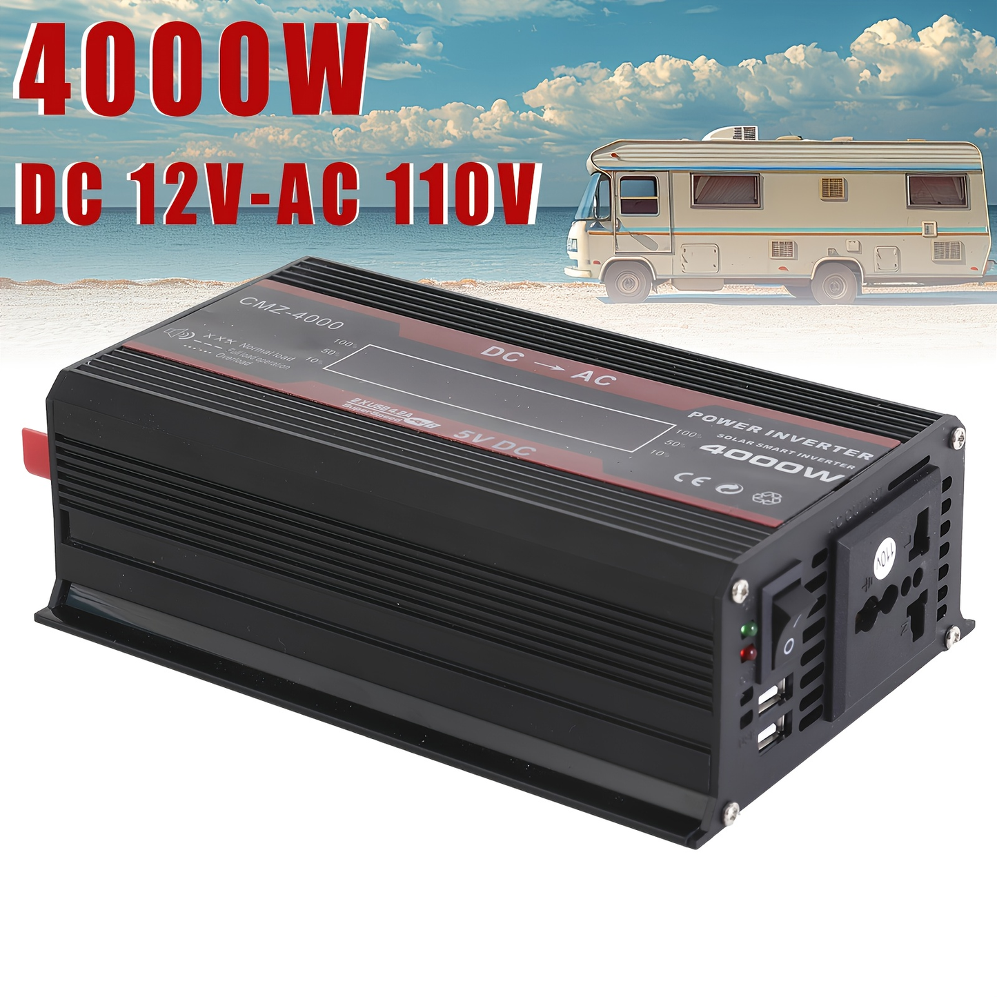 DC to AC Inverter 4000W 5500W 6500W 16000W Peak DC 12V to AC 110V High Power Car Inverter with USB Ports US Sockets Cooling Fan Overload Protection for RV Truck Outdoor Emergency