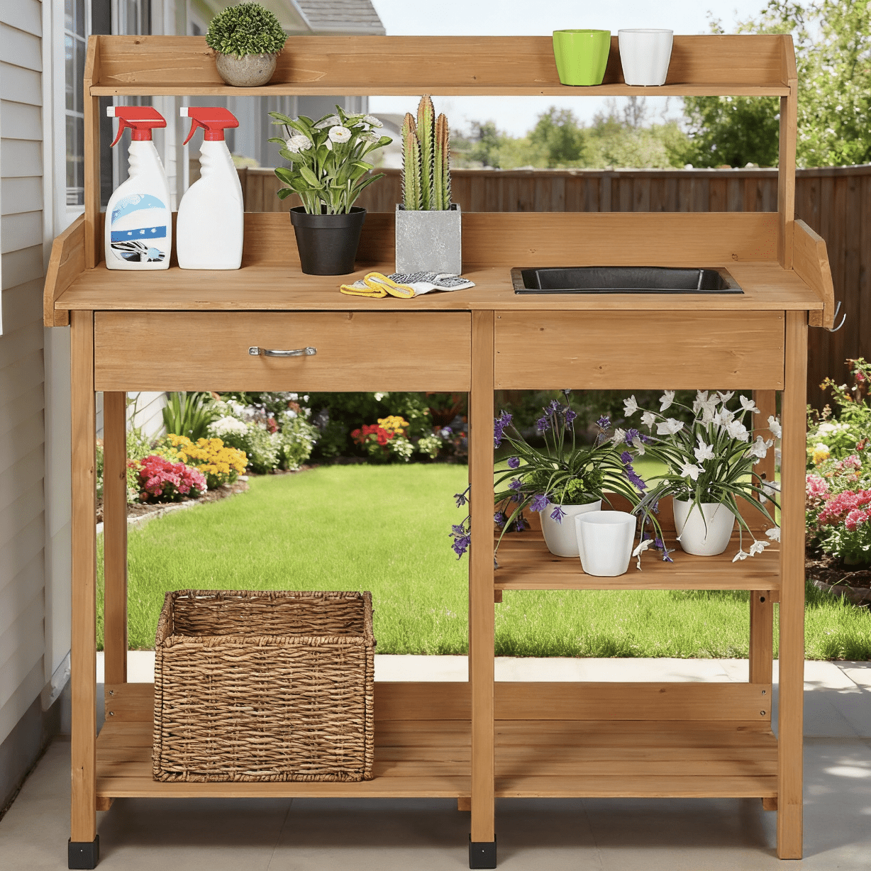 Garden Potting Table 4-Tier with Removable Sink, Adjustable Shelf, Drawer & Side Hooks, Outdoor Planter Stand for Yard Greenhouse in Wood, Brown & Gray