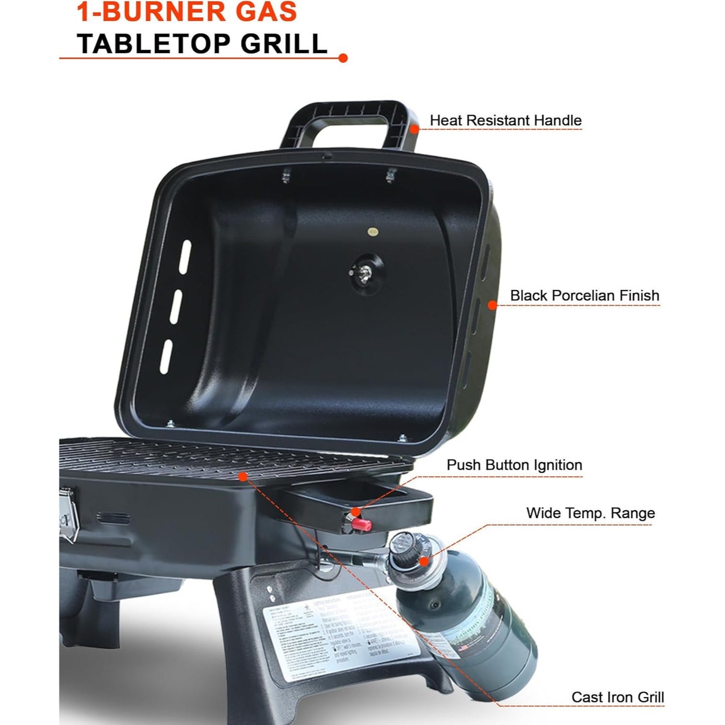 Portable Propane Grill Tabletop, 10000 BTU Single Burner Gas Grill with 239 sq in Porcelain Grates, Foldable Legs, Locking Lid & Built-In Thermometer for Camping, Backyard & Tailgating