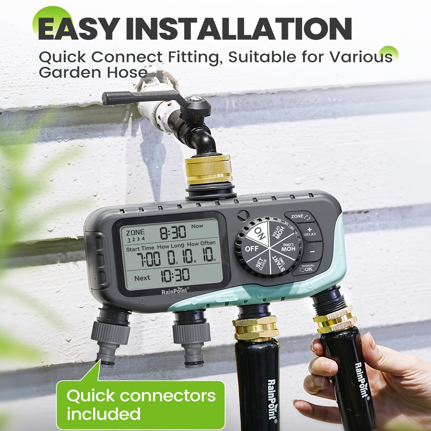 Garden Irrigation System 4-Zone – Automatic Watering Controller with Brass Head, Manual & Rain Delay Modes, Independent Zone Scheduling