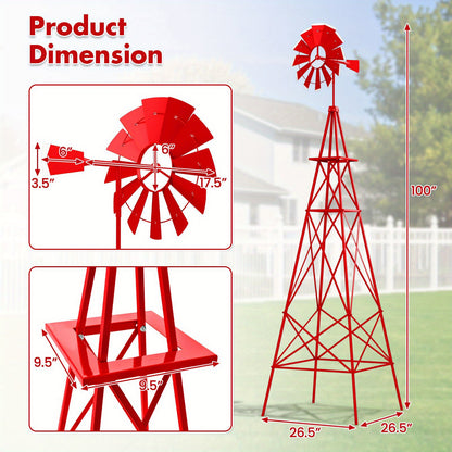 Decorative Windmill 8 ft Metal Outdoor Garden Windmill with Weathervane 4 Ground Stakes All-Weather Rust-Resistant Backyard Farm Lawn Ornament Green Gray Red