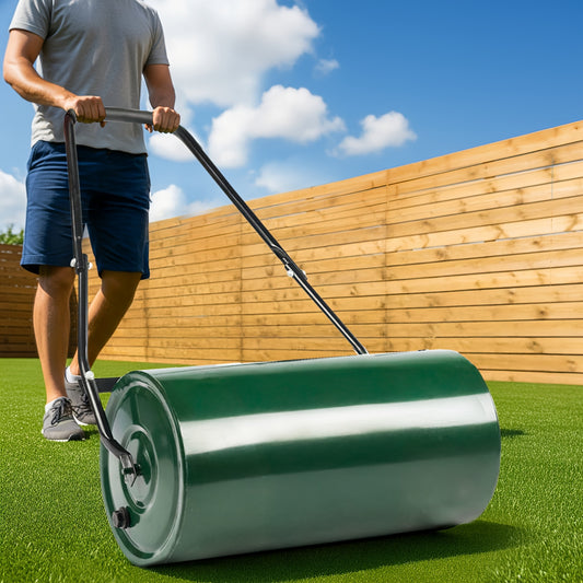 Lawn Roller 24" Heavy Duty Steel Fillable with Water or Sand, Push-Pull Dual Operation, Ergonomic U-Handle & Foam Grip for Leveling Seeding Compacting Yard Garden