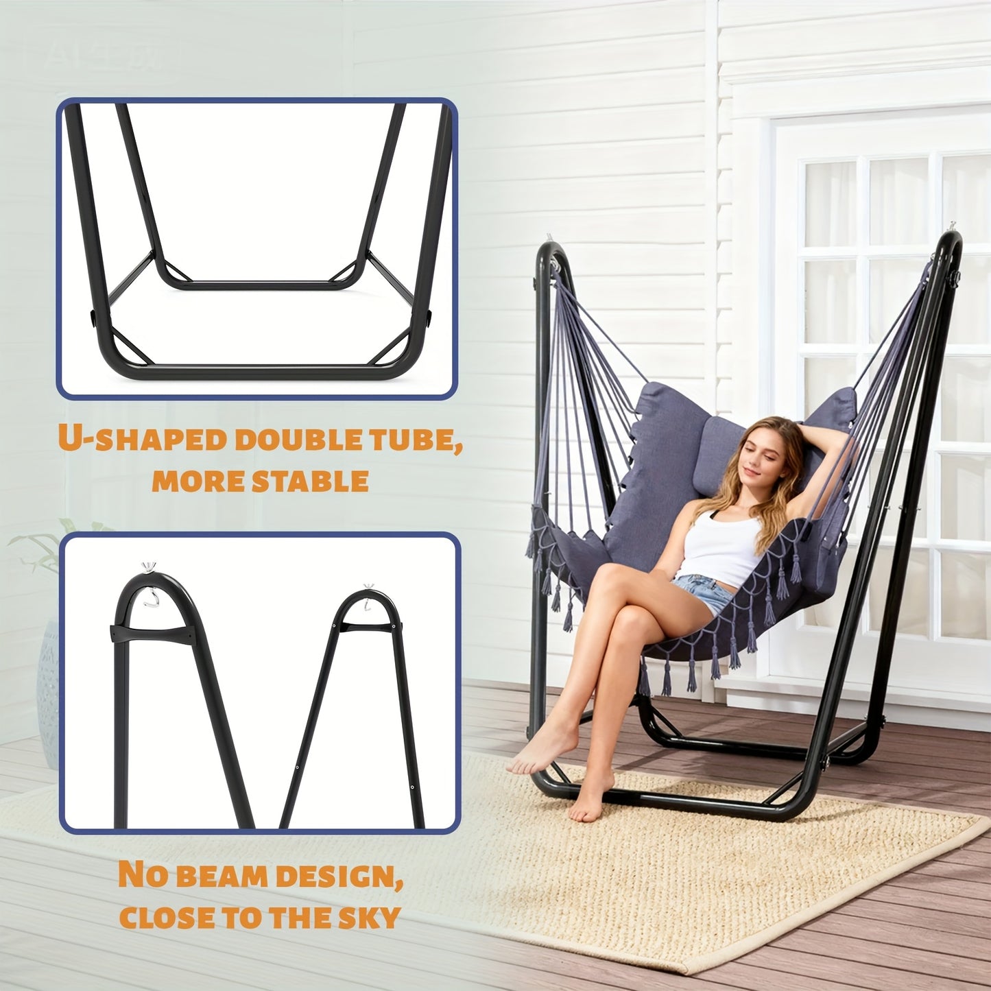 U-Shaped Hammock Chair Stand with Free Hanging Chair, Double Tube Steel Frame, 350 lbs Capacity, Rust-Resistant Powder Coat, Side Pocket Included