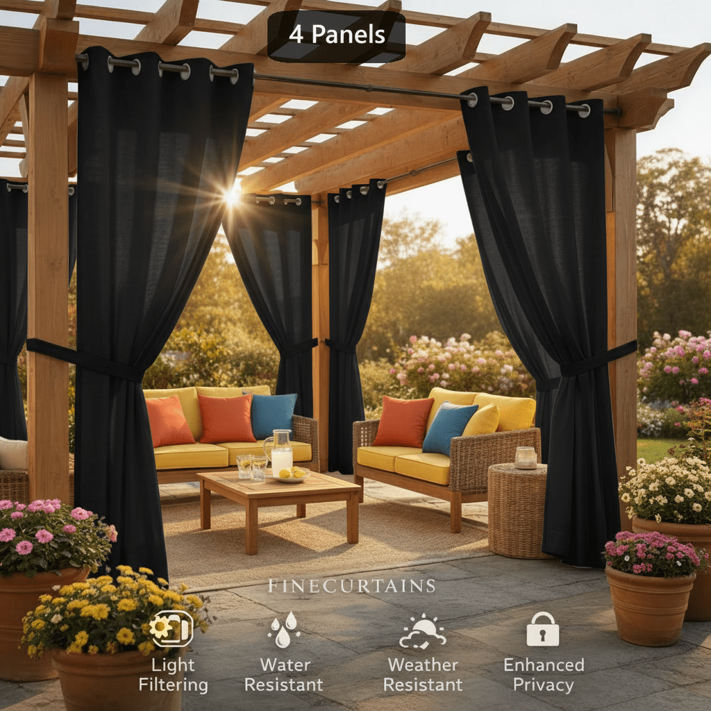 Sheer Curtains for Patio Outdoor – Grommet Top, 4 Panels, Light Filtering, UV & Water Resistant, Privacy Drapes for Pergola, Gazebo, Porch, Backyard, Beige Black Gray White Silver Taupe