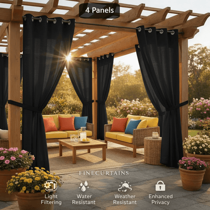 Sheer Curtains for Patio Outdoor – Grommet Top, 4 Panels, Light Filtering, UV & Water Resistant, Privacy Drapes for Pergola, Gazebo, Porch, Backyard, Beige Black Gray White Silver Taupe