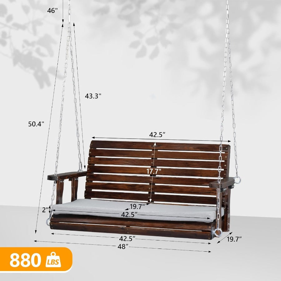 Porch Swing 4 FT Wooden | 880 Lbs Heavy Duty Outdoor Patio Swing with Adjustable Chains, Rustic Farmhouse Style for Yard, Garden, Lawn & Balcony