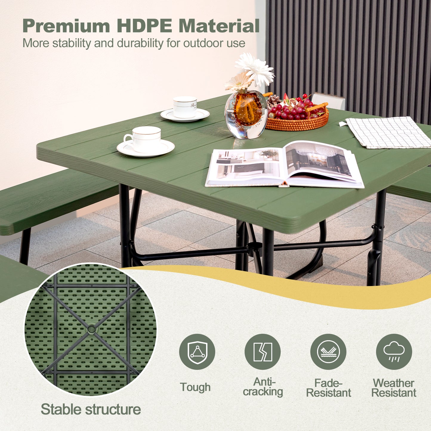 Outdoor Picnic Table 8-Person, Square HDPE Table with 4 Built-in Benches, Umbrella Hole, Metal Frame, Backyard Patio Garden Bench Set Grey/Green
