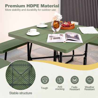 Outdoor Picnic Table 8-Person, Square HDPE Table with 4 Built-in Benches, Umbrella Hole, Metal Frame, Backyard Patio Garden Bench Set Grey/Green