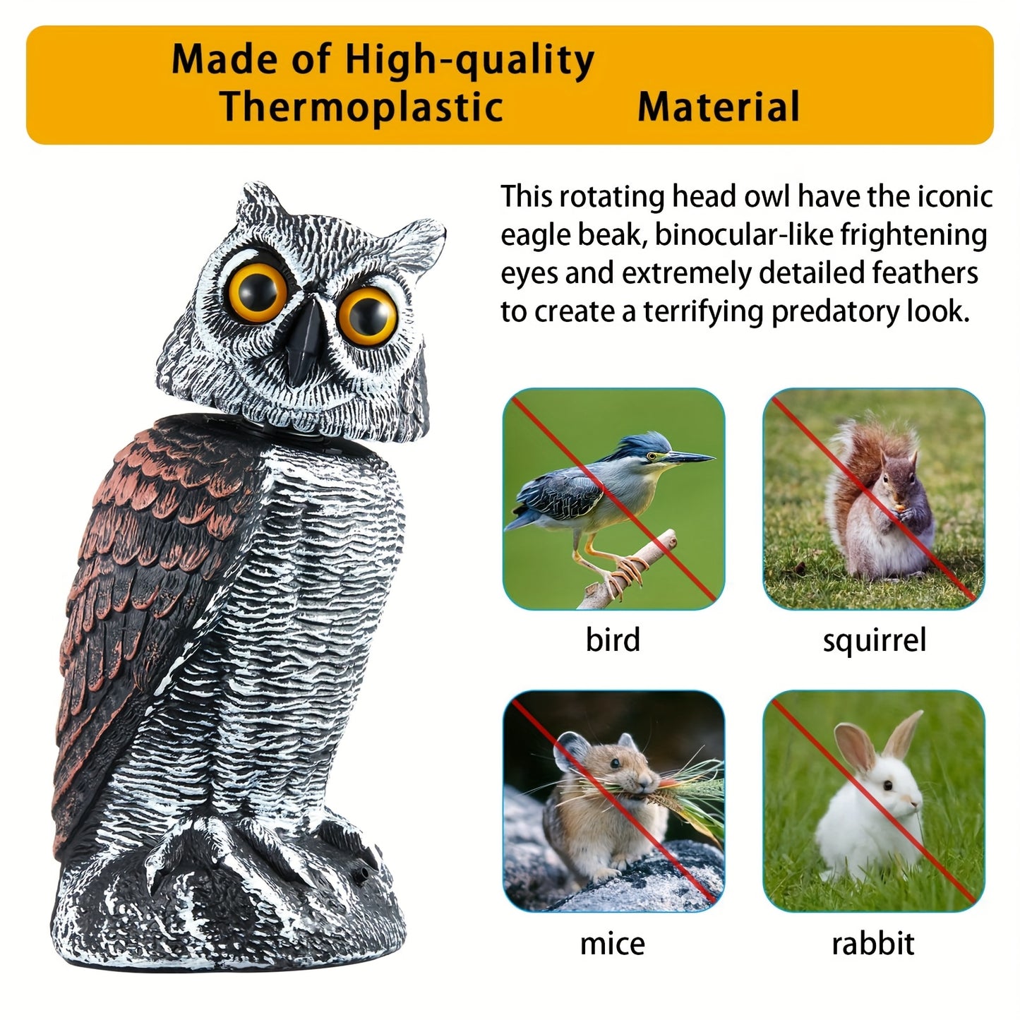 Rotating Head Fake Owl Decoy Bird Deterrent – Battery Powered Plastic Scarecrow Repellent for Garden Yard Patio