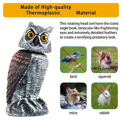 Rotating Head Fake Owl Decoy Bird Deterrent – Battery Powered Plastic Scarecrow Repellent for Garden Yard Patio