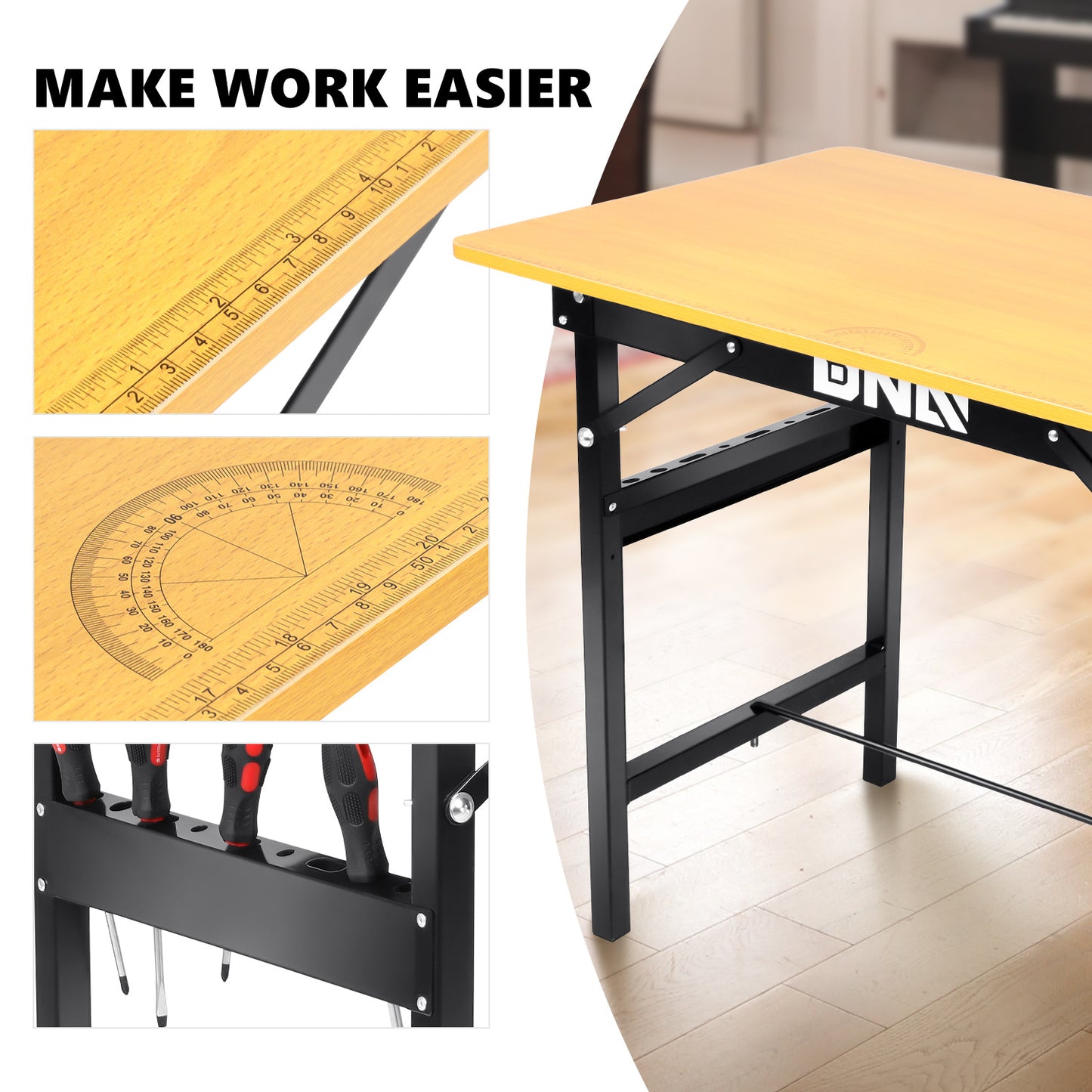 Folding Work Table Portable 220 LBS Capacity Built-In Measuring Tape Angle Finder Foldable Workbench for Garage Home DIY Woodworking Drawing Projects