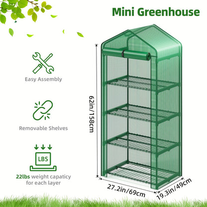 4 Tier Mini Greenhouse for Indoor Outdoor Plants – Portable PE Cover Greenhouse with Rack Stand for Seedlings, Seasonal Decoration & Year-Round Plant Care