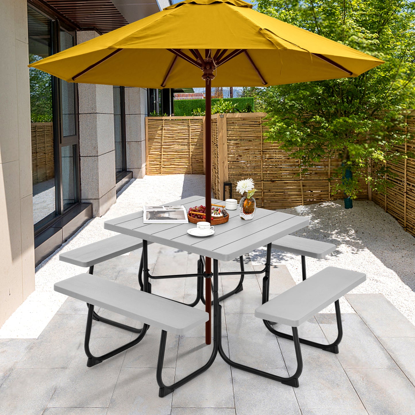 Outdoor Picnic Table 8-Person, Square HDPE Table with 4 Built-in Benches, Umbrella Hole, Metal Frame, Backyard Patio Garden Bench Set Grey/Green