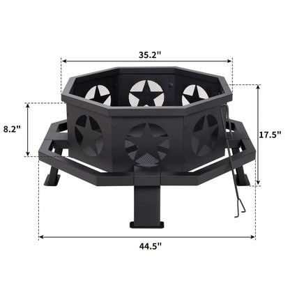 Extra Large Octagonal Fire Pit for Outside, Heavy Duty Steel Wood Burning Firepit for Backyard Patio Camping Garden, 43 & 45 Inch Outdoor Fire Bowl, Black