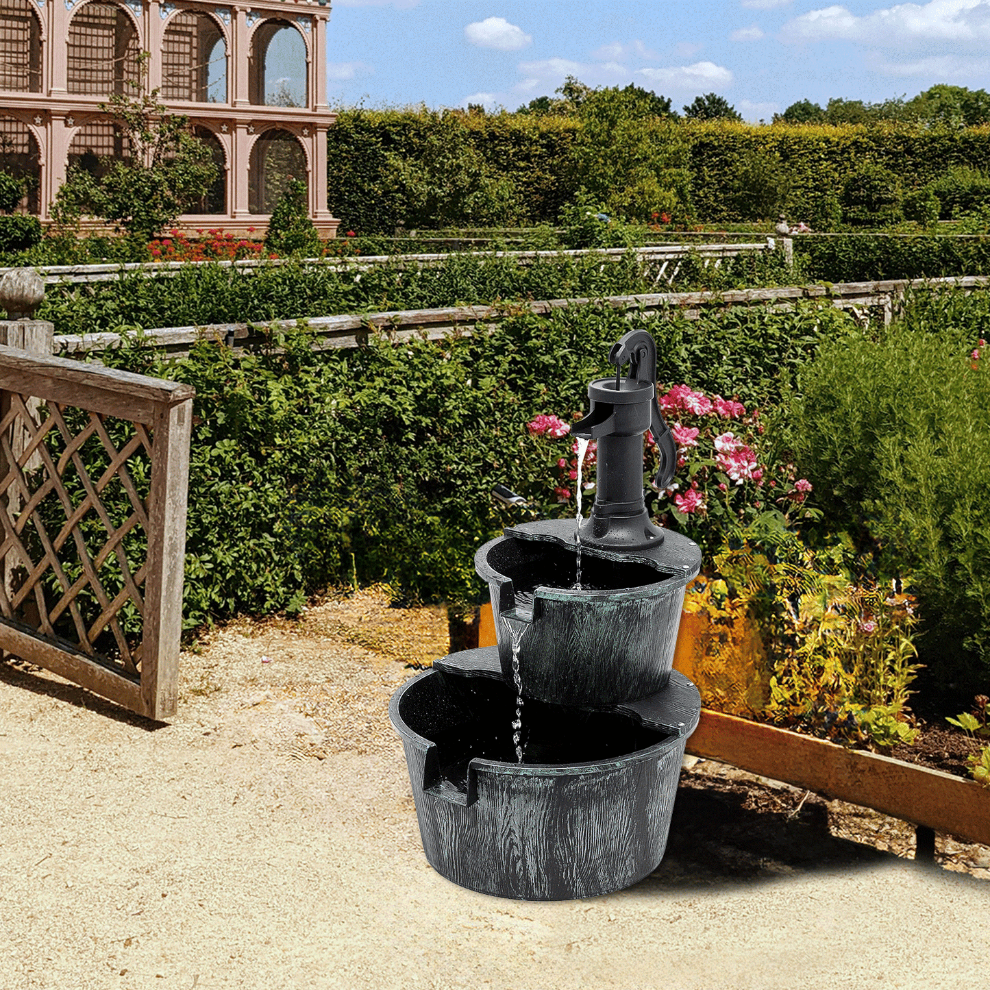 Outdoor Water Fountain 2-Tier | Barrel Waterfall Patio Garden Decor