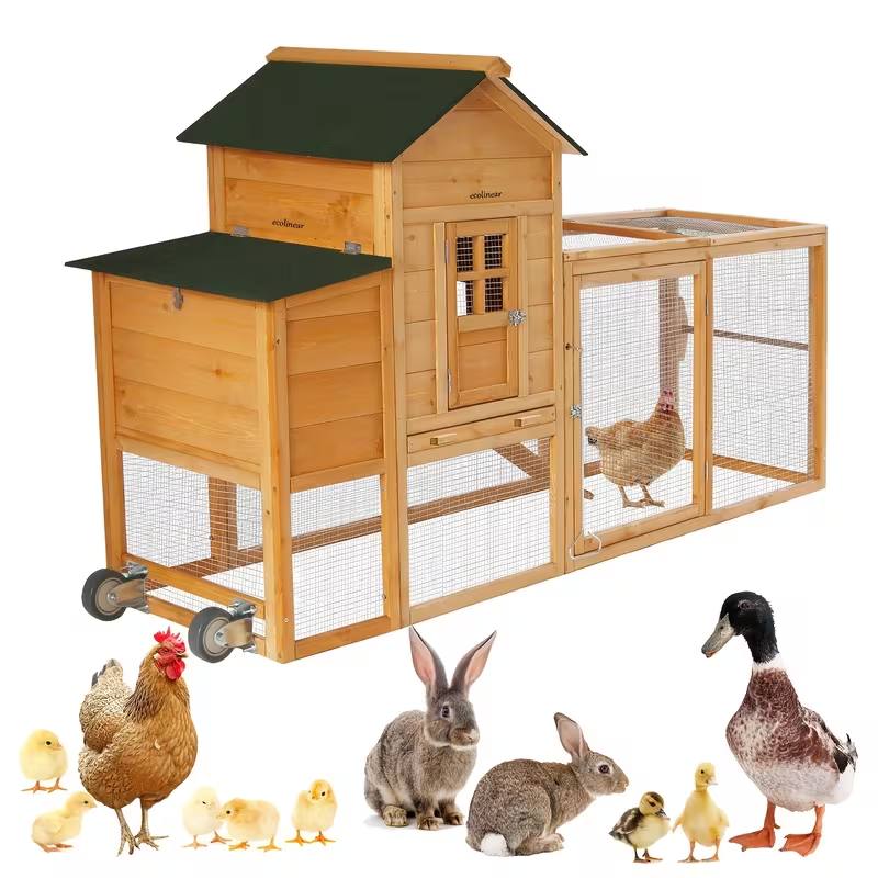 Chicken Coop with Run Large Outdoor Wooden Hen House 82 Inch Walk-in Poultry Cage for 2-4 Chickens Ducks Rabbits with Nesting Box Removable Tray Wheels