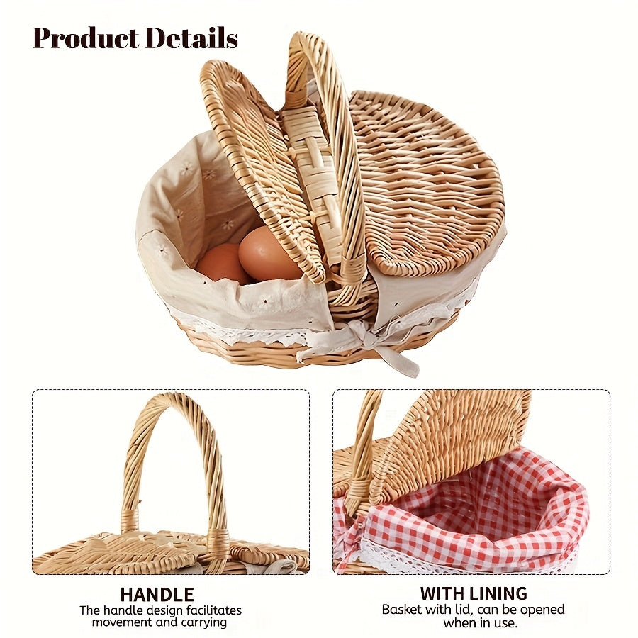 Covered Picnic Basket | Portable Lined Outdoor Gift Travel Basket