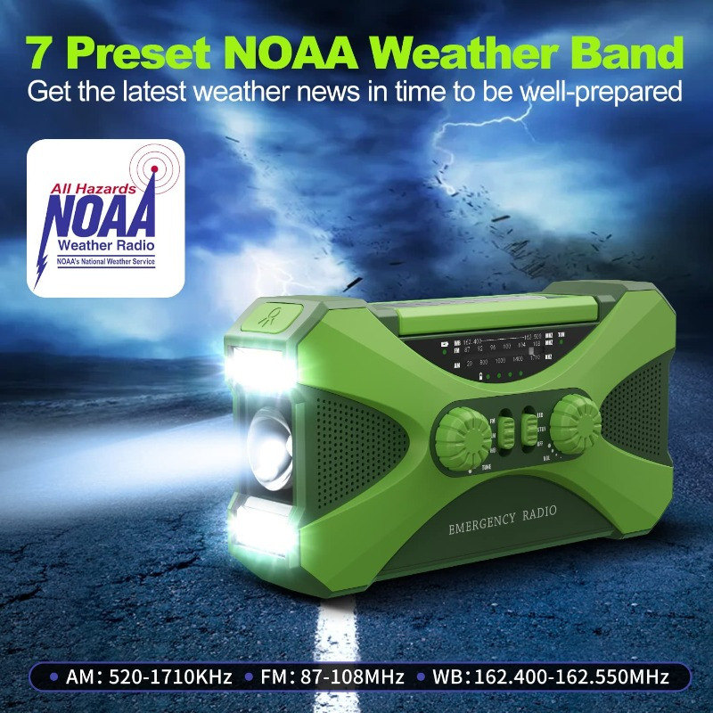 Emergency Weather Radio 10000mAh Hand Crank Solar NOAA AM FM WB Flashlight Reading Lamp SOS Alarm Phone Charger Headphone Jack Portable Survival Radio
