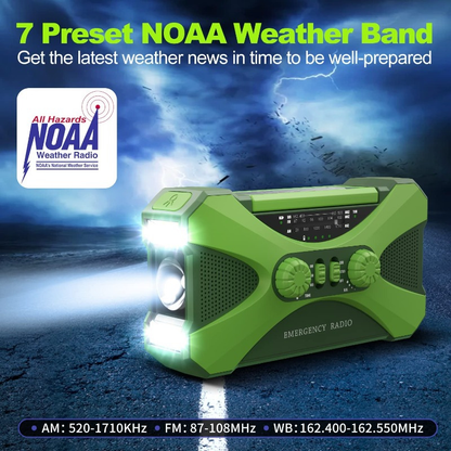Emergency Weather Radio 10000mAh Hand Crank Solar NOAA AM FM WB Flashlight Reading Lamp SOS Alarm Phone Charger Headphone Jack Portable Survival Radio
