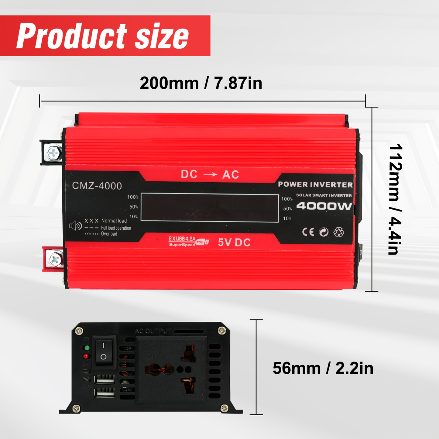 DC to AC Inverter 4000W 5500W 6500W 16000W Peak DC 12V to AC 110V High Power Car Inverter with USB Ports US Sockets Cooling Fan Overload Protection for RV Truck Outdoor Emergency