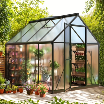 Polycarbonate Greenhouse with Aluminum Frame – Walk-In Outdoor Garden Greenhouse with Roof Ventilation, Lockable Door & UV Protection, 4x6 / 6x7.5 / 10x12 FT