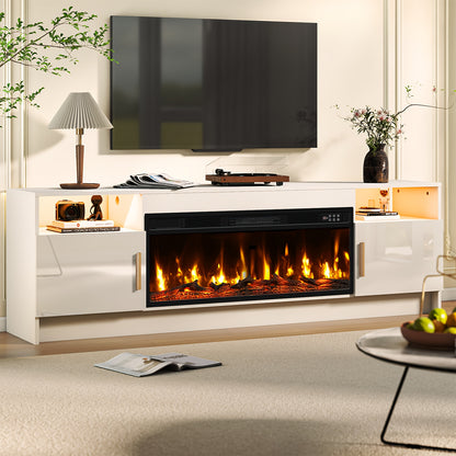 Entertainment Center with Electric Fireplace 70 Inch TV Stand for TVs up to 80" 36" Fireplace 20-Color LED High Gloss Storage Cabinet Wood Grain
