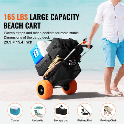 Beach Cart Heavy Duty Aluminum Alloy 165 LB Capacity 12-Inch PU Foam Wheels Folding Sand Cart Adjustable Handle for Camping Fishing Gardening Outdoor