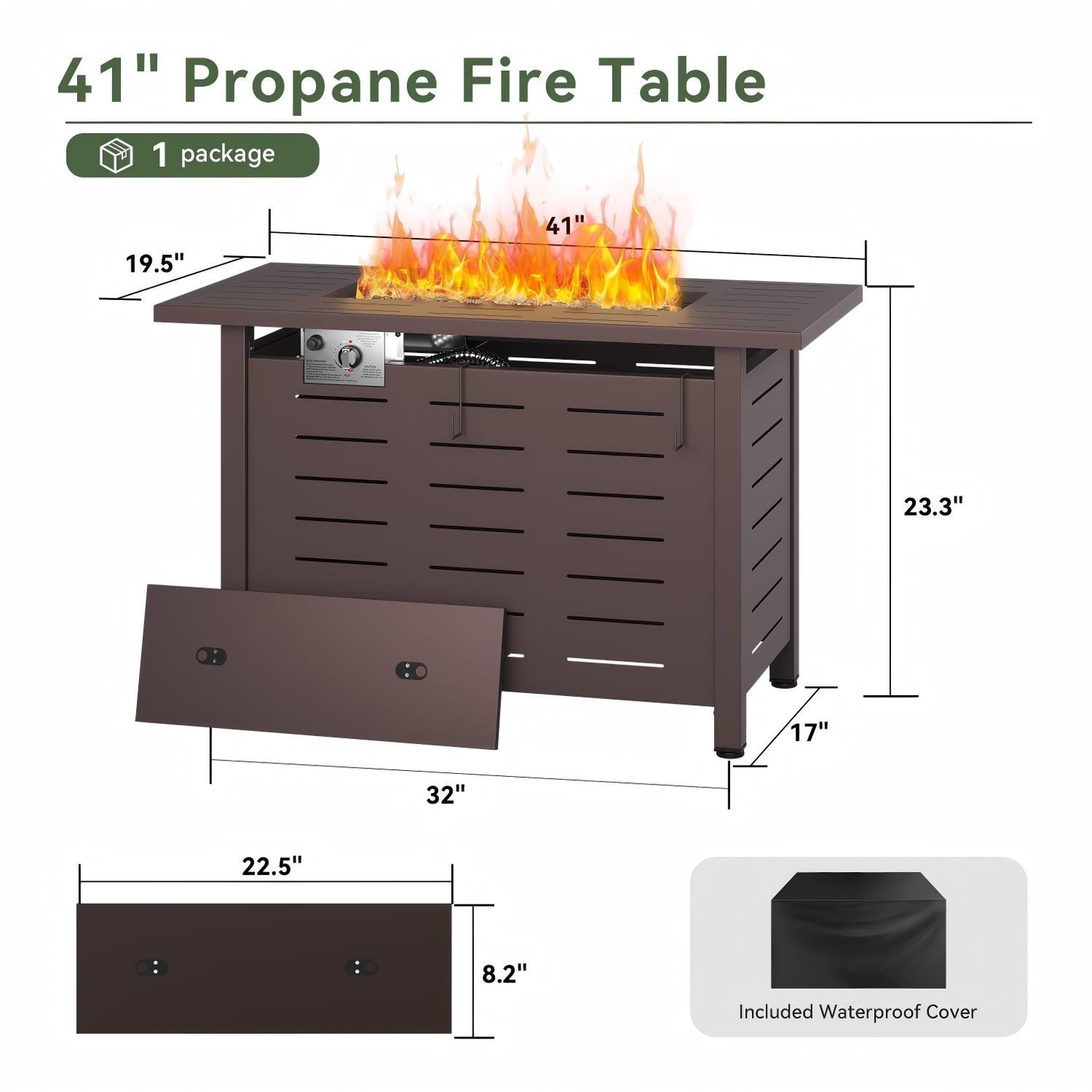 Propane Fire Pit Table Outdoor 50,000 BTU Gas Fire Table with Lid Lava Rocks & Waterproof Cover for Patio Backyard Deck Black Brown 40"/44"
