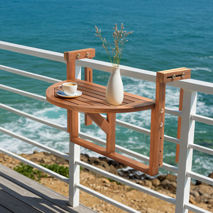 Acacia Wood Folding Side Table Hangable Wall-Mounted Patio Table 25in Square Semi-Round Outdoor Indoor Balcony Deck Space-Saving Foldable Wood Table