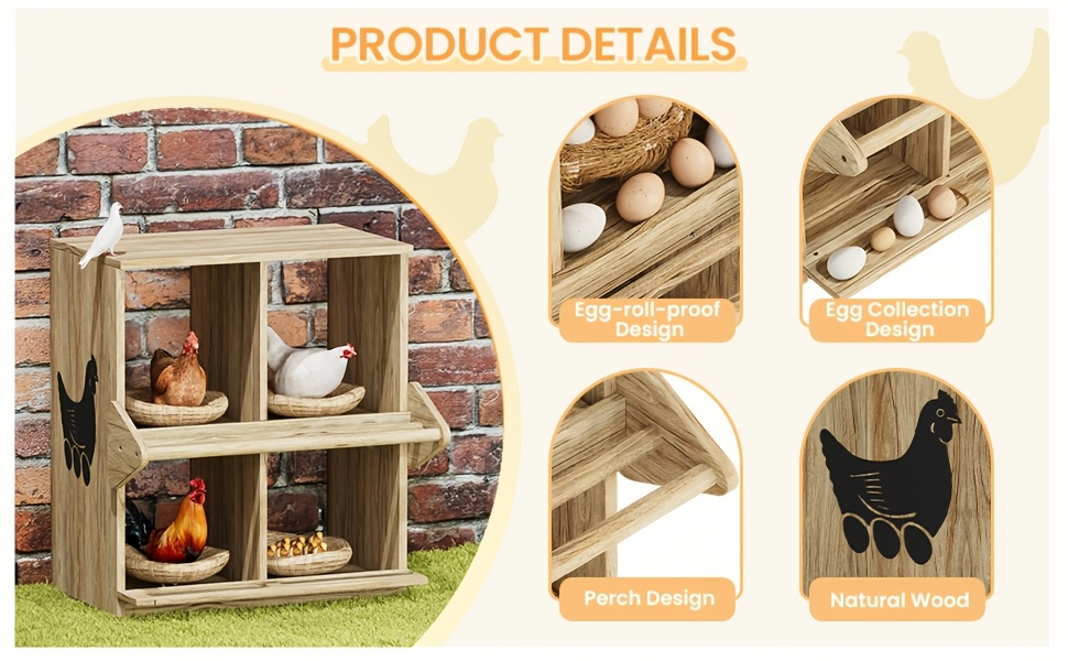 Chicken Nesting Box 6 Compartment Wooden Hen House with Perches - Floor Stand & Wall Mount Options, Durable Poultry Nesting Box for Small & Medium Chickens