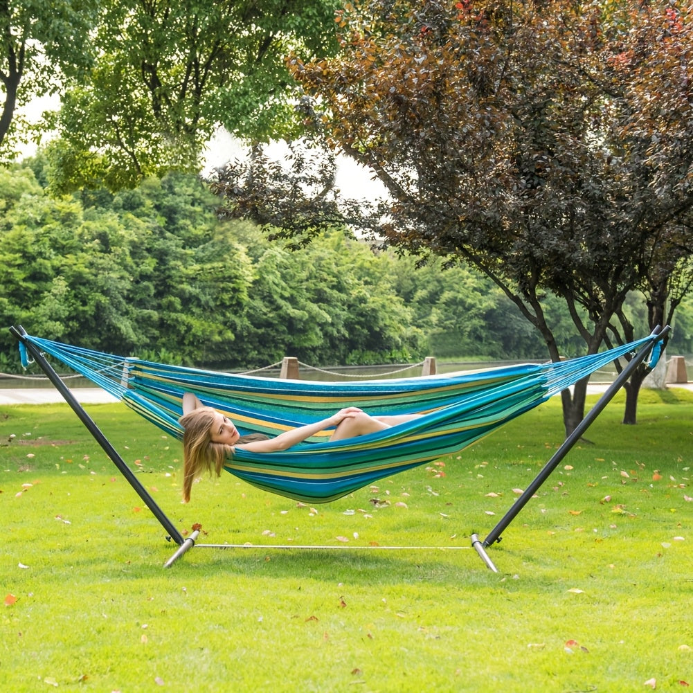 Double Hammock with Steel Stand 450 lbs Heavy Duty Portable Outdoor Indoor Carry Case Head Pillow No Assembly Camping Patio Backyard Multiple Colors