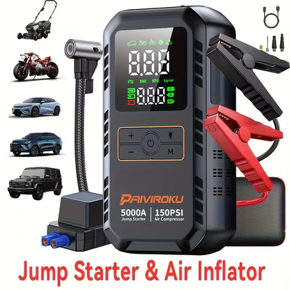 Portable Jump Starter 5000A 7-in-1 with Air Compressor 150PSI, Battery Booster for Car 7.0L Gas/6.0L Diesel, QC3.0 Power Bank, LCD Display & LED Emergency Light