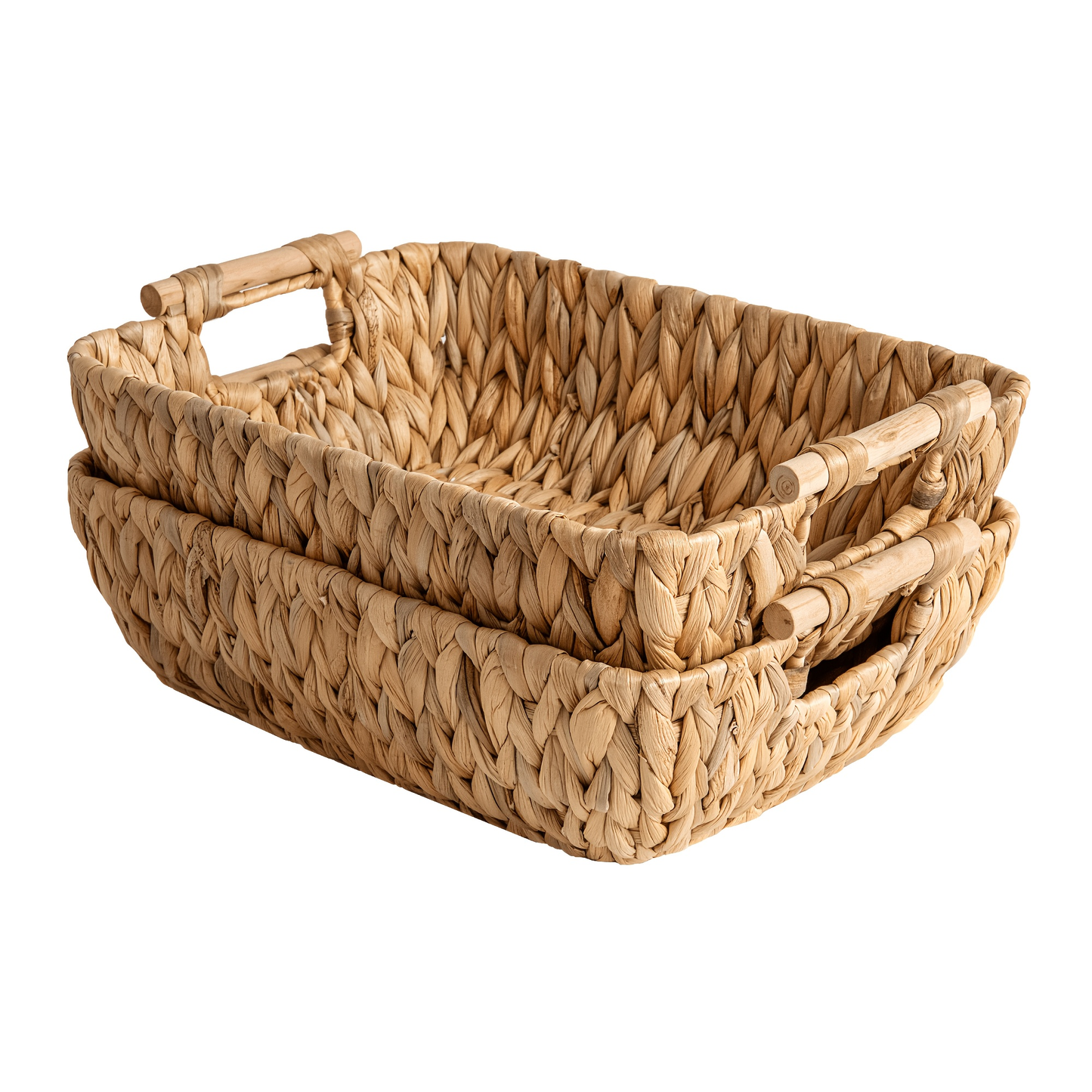 Woven Basket with Wooden Handles 2-Pack - Water Hyacinth & Seagrass Wicker Storage Baskets for Bathroom, Shelf, Kitchen & Bedroom Organizer, Boho Decor