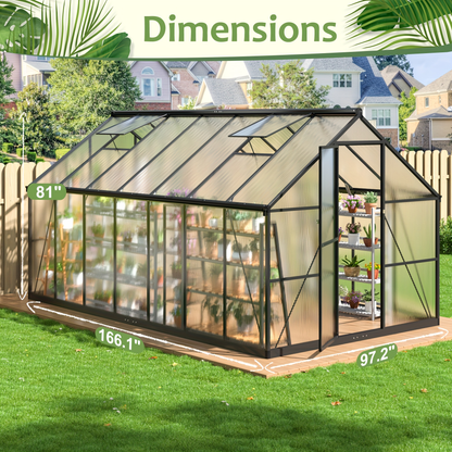 Polycarbonate Greenhouse Walk-In Aluminum Frame 720g PC Panels, 90% UV Protection, 5-Speed Roof Vents & Lockable Door for Backyard Year-Round Gardening, Multiple Sizes