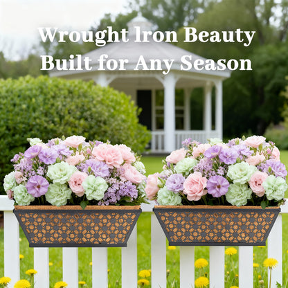 Window Box Planter 24 Inch with Coco Liner Adjustable Railing Brackets Cast Iron Flower Box for Porch Fence Balcony Patio Outdoor Garden Decor 2 Pack