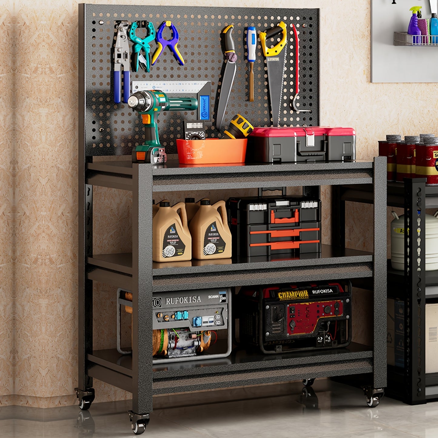 Mobile Workbench with Pegboard Lockable Wheels Metal Work Table 47-Inch Rolling Workstation for Garage Warehouse Workshop Office Storage Organization
