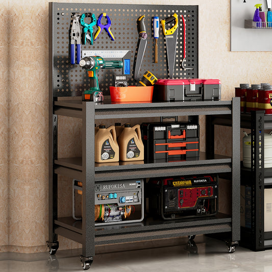 Mobile Workbench with Pegboard Lockable Wheels Metal Work Table 47-Inch Rolling Workstation for Garage Warehouse Workshop Office Storage Organization