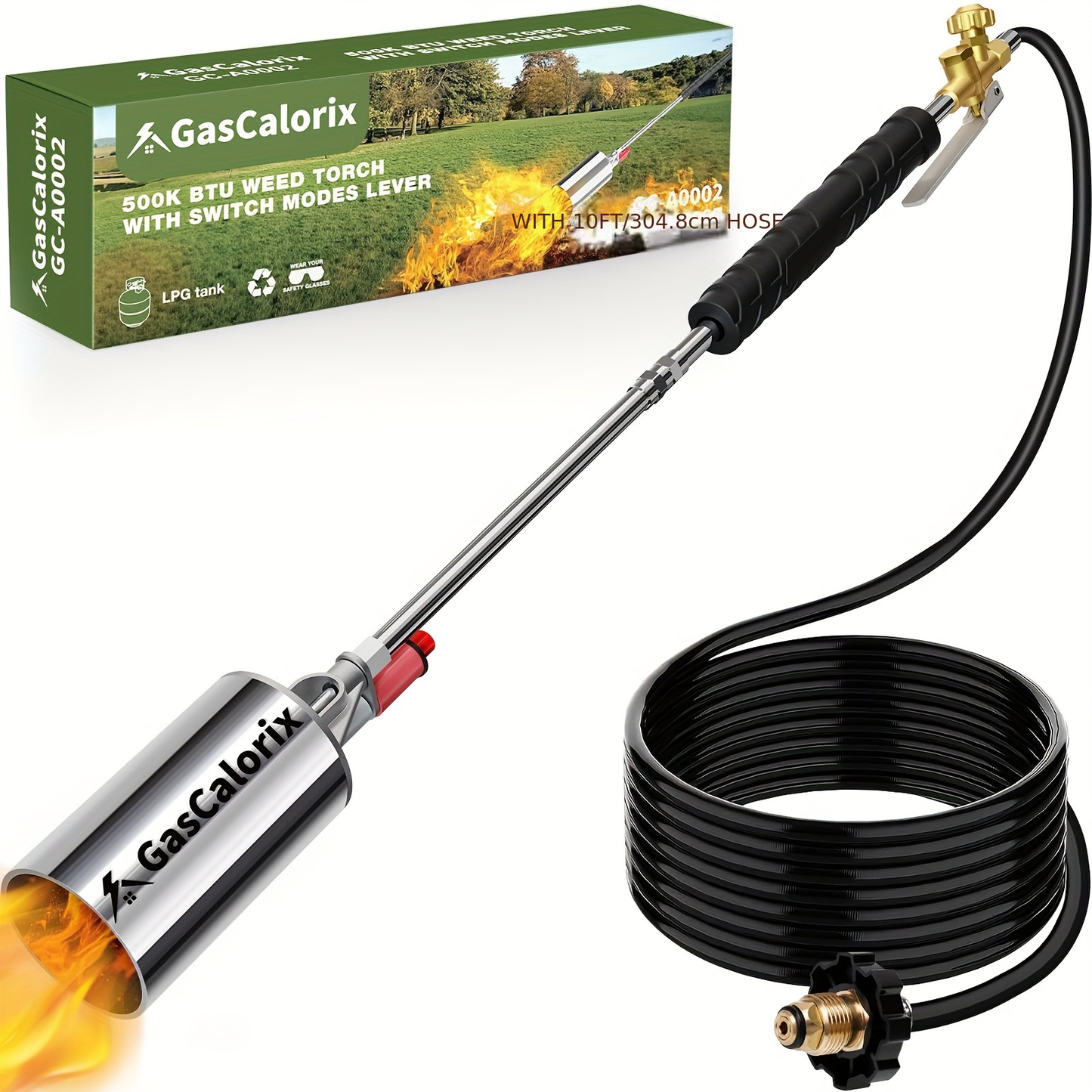 Weed Burner Torch Propane with 10ft Hose & Turbine Trigger, High-Output Flame Weeder with 1lb Cylinder Converter for Garden Weeding, Ice & Snow Melting, Wood Burning, Outdoor Use – Gas Tank Not Included