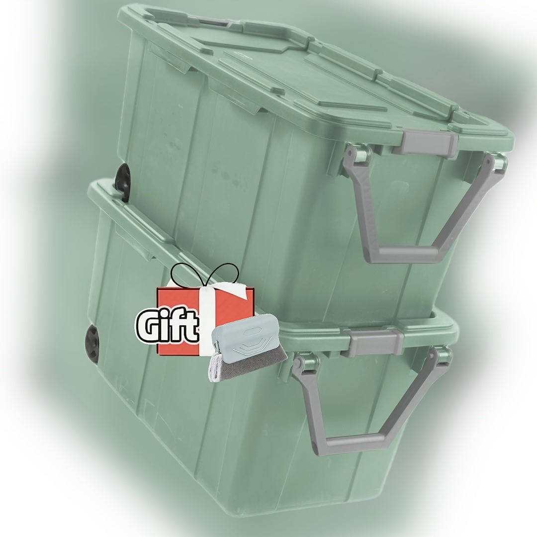 Heavy Duty Storage Bins with Wheels and Lids | 40 Gallon 151L Industrial Totes | 2 Pack | Lockable Latches | Metal Axle | Stackable | Green