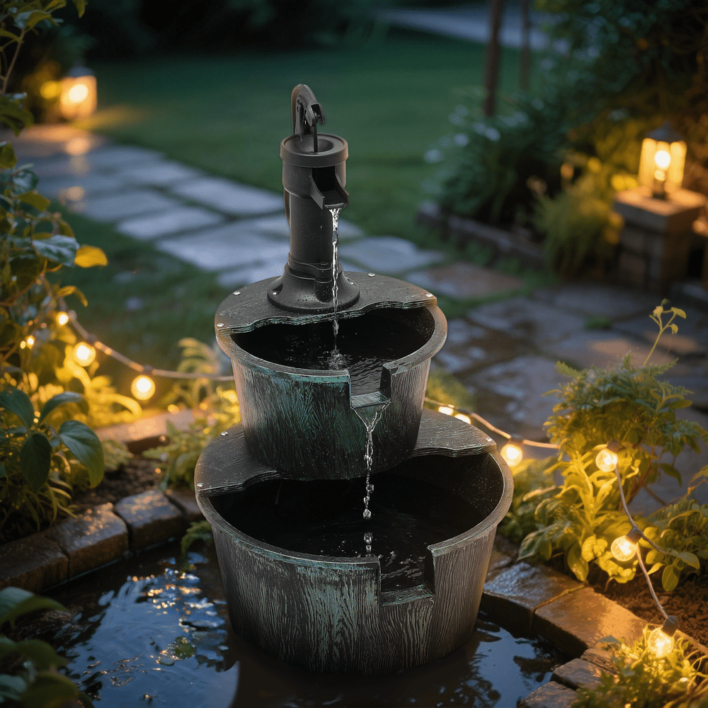 Outdoor Water Fountain | 2-Tier Barrel Waterfall Patio Garden Decor